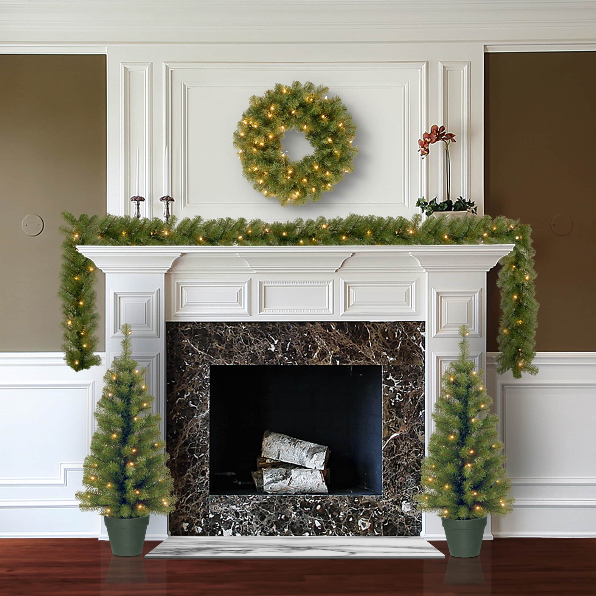 4-Piece Pre-Lit Artificial Christmas Entrance Trees, Garland & Wreath, Warm White LED Lights